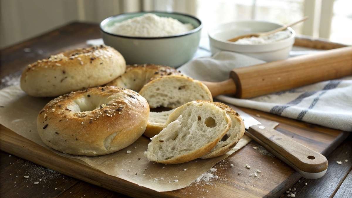 Freshly baked sourdough bagels with a soft, airy interior and perfect chew, displayed on a rustic wooden countertop