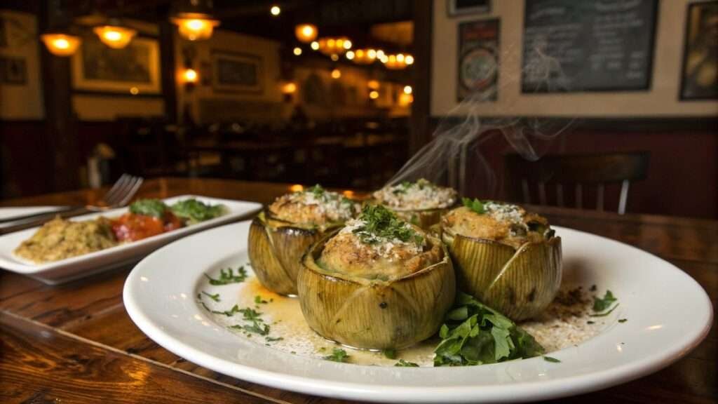 Stuffed artichokes, Frank Sinatra’s favorite appetizer, served on a rustic plate with garnishes.