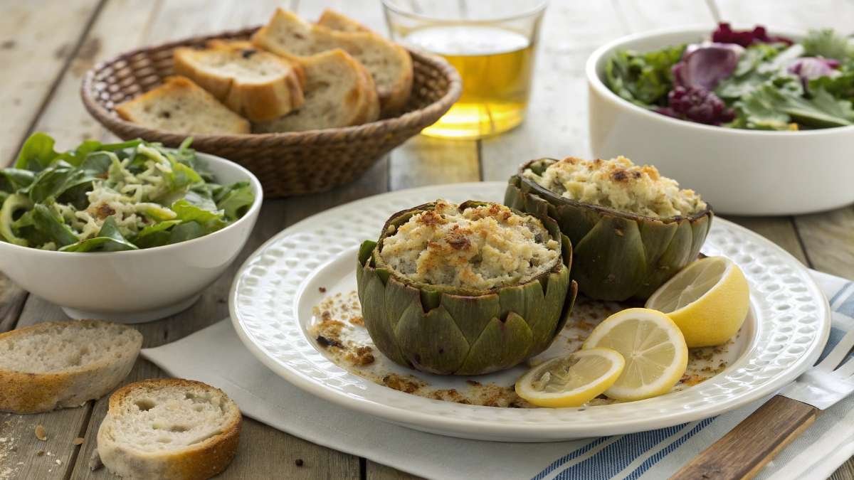 Stuffed artichokes served with fresh salad, garlic bread, and lemon wedges on a rustic dining table