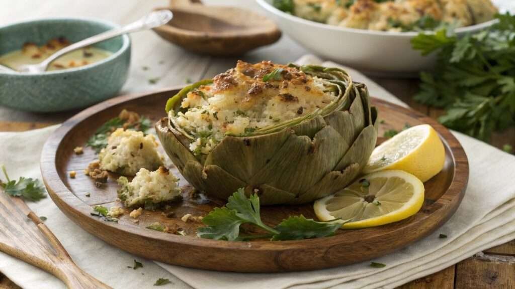 Stuffed artichoke recipe with cheesy, golden breadcrumbs, garnished with parsley and lemon wedges, served on a wooden plate