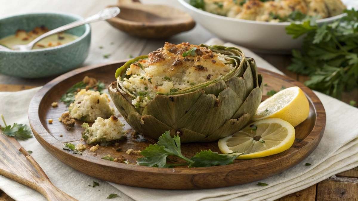 Stuffed artichoke recipe with cheesy, golden breadcrumbs, garnished with parsley and lemon wedges, served on a wooden plate