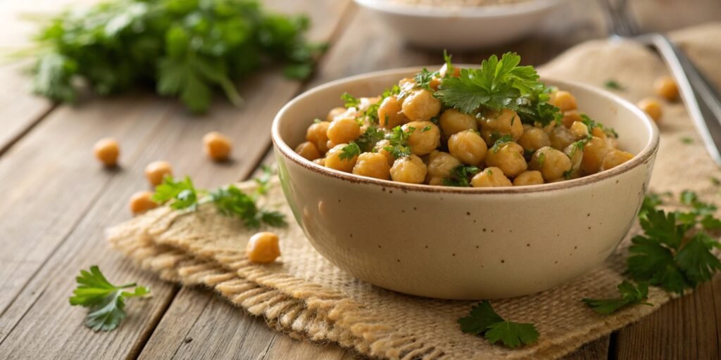 A bowl of cooked chickpeas garnished with parsley on a wooden table.
