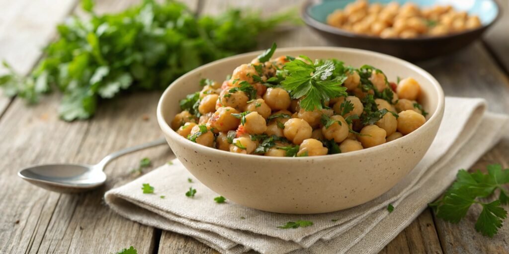 A bowl of cooked chickpeas garnished with parsley, showcasing their health appeal