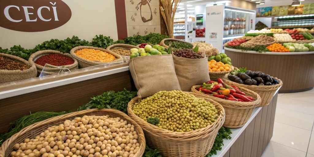 Ceci vegetables displayed in a global market with multilingual labels