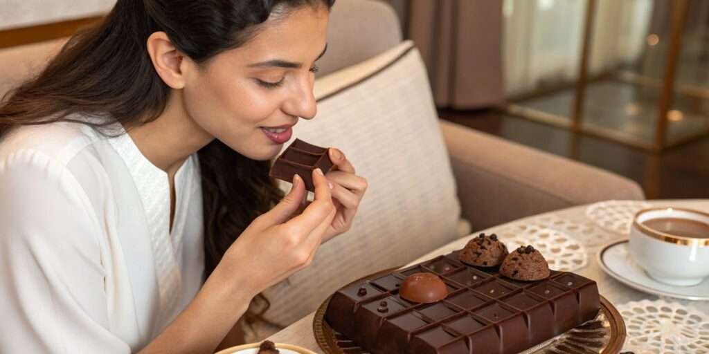 A person savoring a rich piece of Dubai chocolate