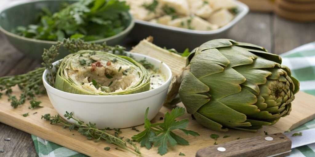 Fresh artichoke, cleaned and ready for stuffing, placed on a cutting board