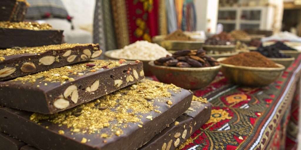 Luxurious Dubai chocolate bars with gold flakes and nuts in a Middle Eastern market