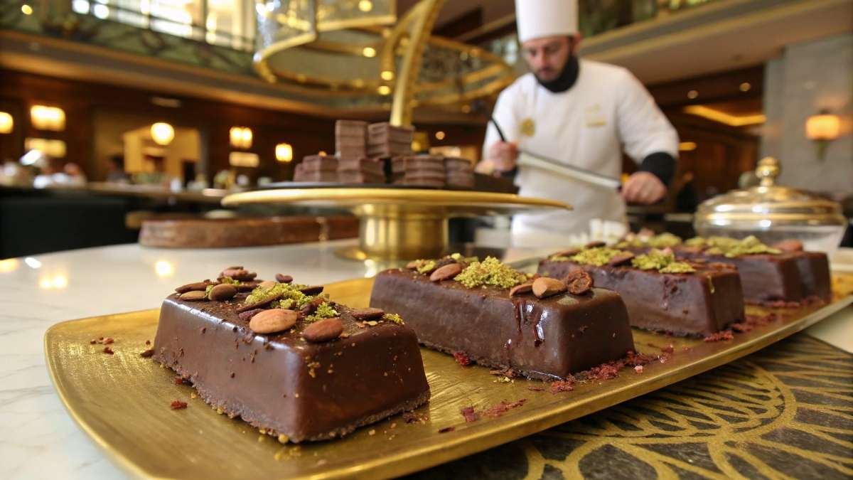 Dubai Chocolate Recipe – smooth, glossy chocolate bars with pistachios and saffron on a golden platter.