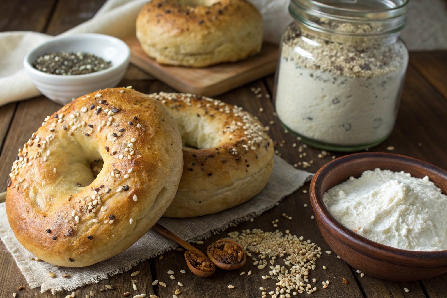 Sourdough bagels next to regular bagels on a rustic table, showcasing their unique textures and flavors