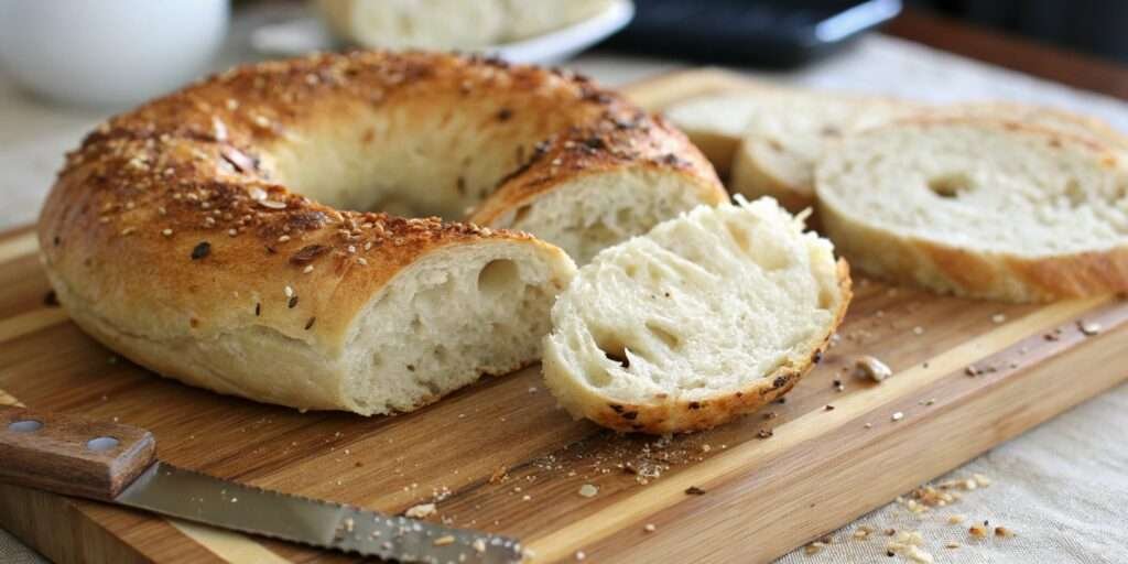 A sliced sourdough bagel displaying its chewy texture and golden-brown crust.
