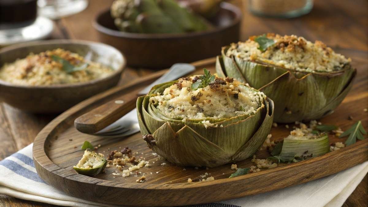 Baked artichokes stuffed with herbs and breadcrumbs, served on a rustic plate for a delicious side dish.