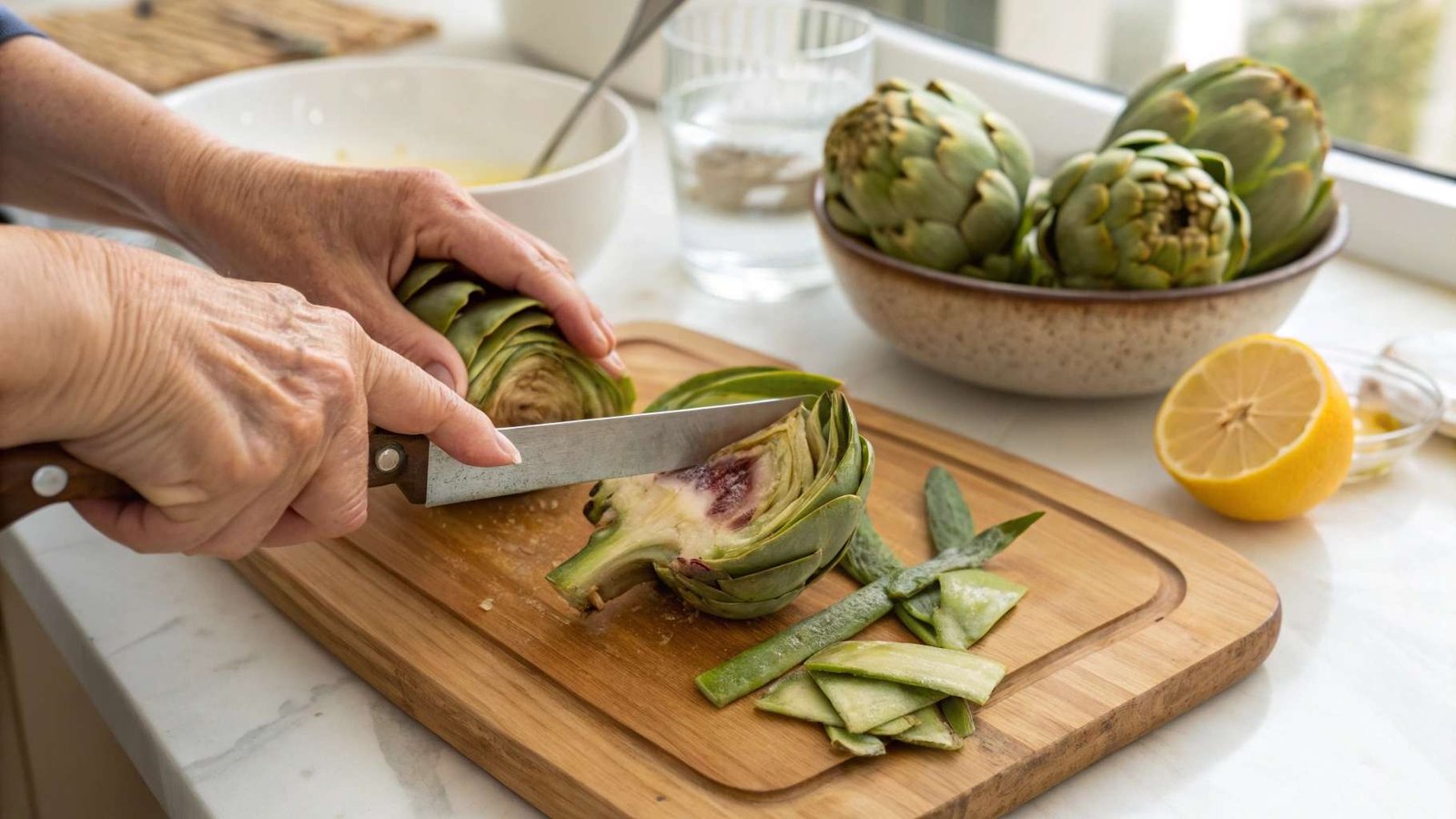 Cleaning an artichoke for stuffing—trimming outer leaves and removing the choke for perfect preparation.