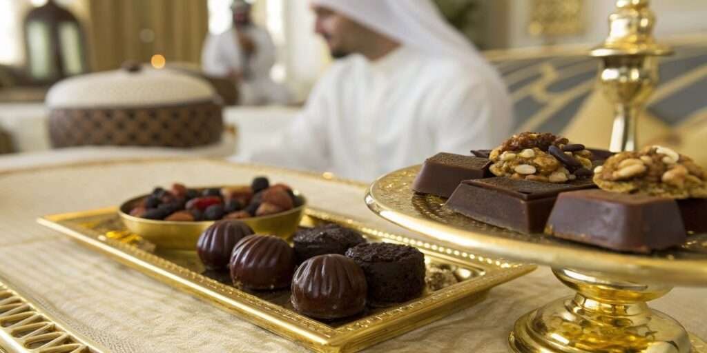 Premium Dubai chocolate pieces on a gold-plated tray with dates and nuts.
