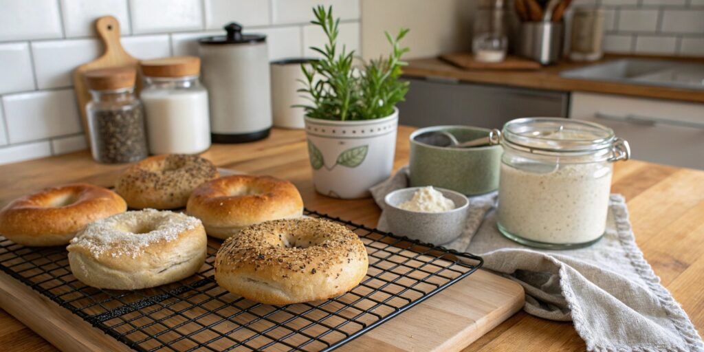 Freshly baked sourdough bagels cooling on a rack