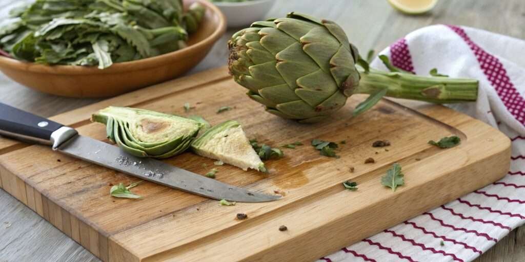 Fresh whole artichoke on a wooden board, ready for preparation.
