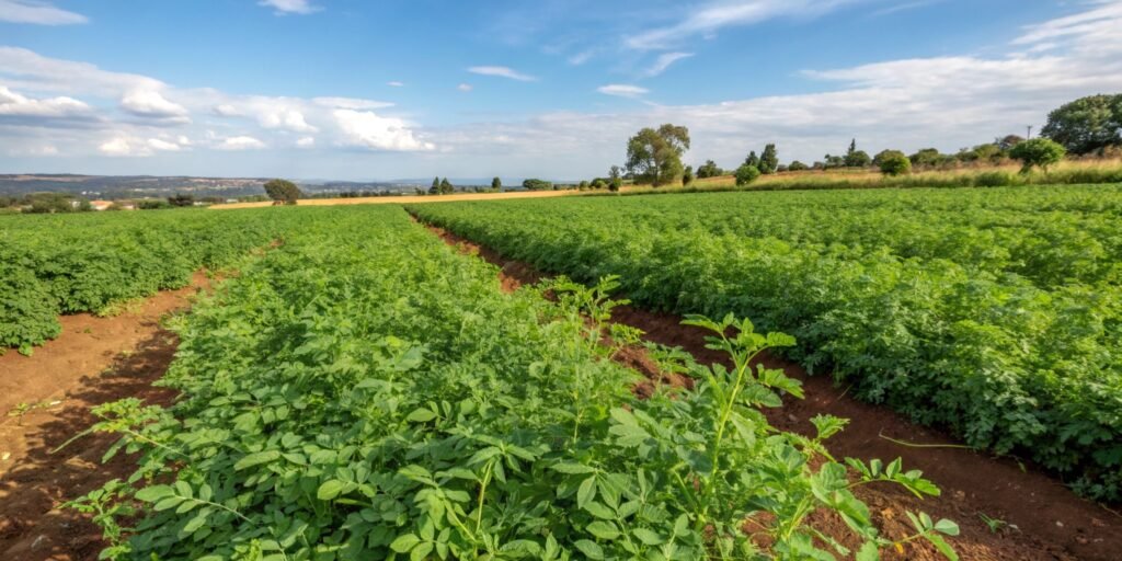 Chickpea plants growing sustainably in a farm setting.
