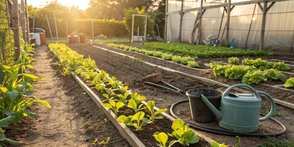 Homegrown Ceci vegetable plants in a sunny garden.
