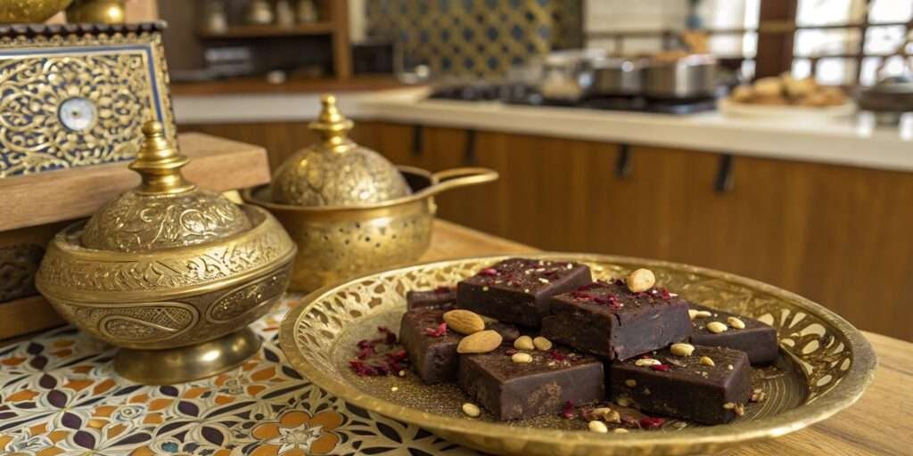 Dubai Chocolate Recipe – rich chocolate pieces on a golden tray, garnished with saffron & pistachios.
