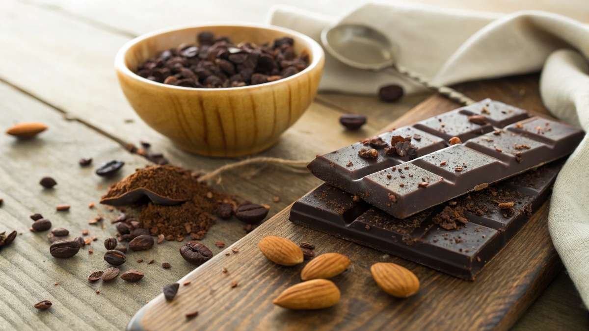 Dubai dark chocolate bar with cocoa nibs and almonds on a rustic table, highlighting its rich and healthy appeal