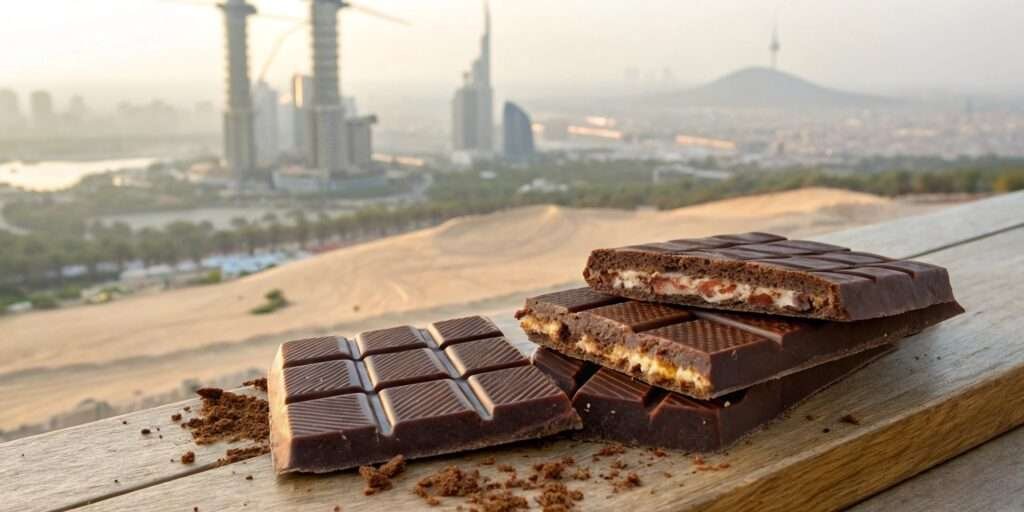 Dubai chocolate bars displayed in a temperature-controlled environment