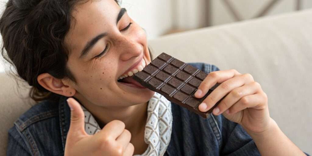 A happy consumer enjoying Dubai dark chocolate with a thumbs-up symbol.
