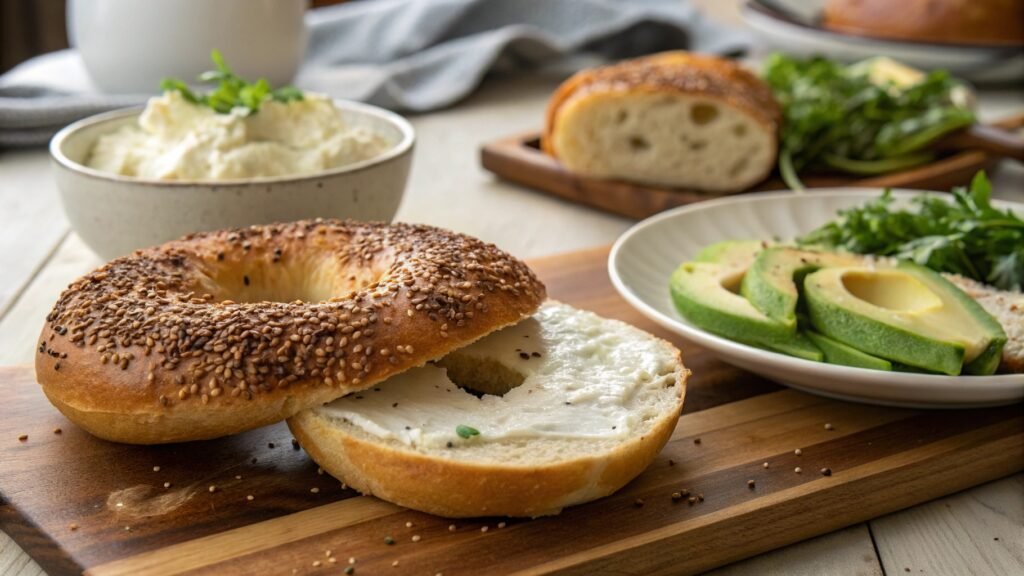 Sourdough bagels being shaped on a floured wooden counter, capturing the artisanal baking process.
