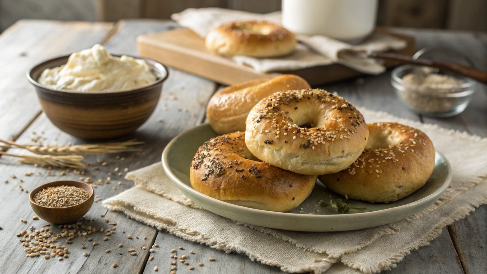 Sourdough bagels and regular bagels comparison with a rustic setup.