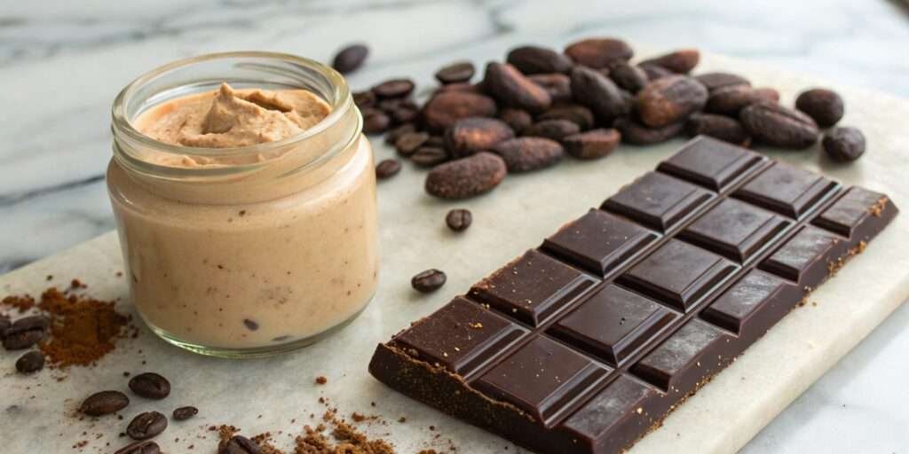 A smooth Dubai chocolate bar with tahini and cocoa beans on a marble background.
