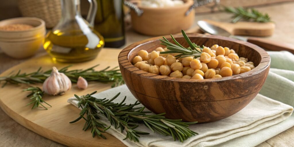 Cooked Ceci beans in a rustic bowl with rosemary and garlic, showcasing Italian culinary heritage