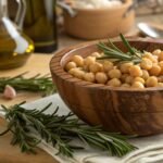 Cooked Ceci beans in a rustic bowl with rosemary and garlic, showcasing Italian culinary heritage