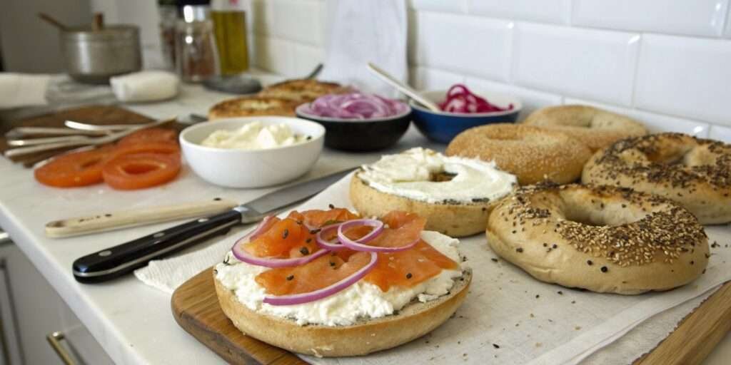 A variety of sourdough bagels with different toppings, including sesame and poppy seeds.
