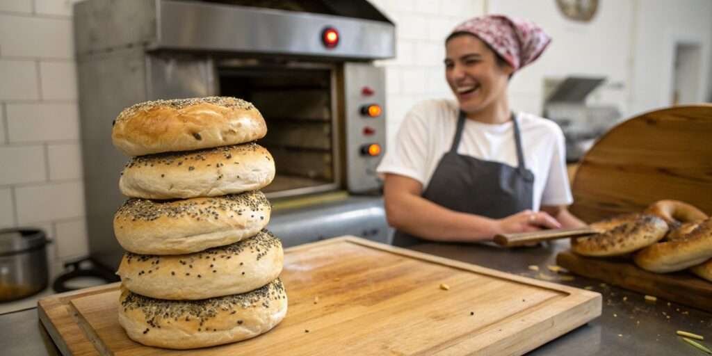 Baker with a stack of golden-brown sourdough bagels.
