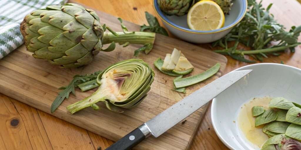 Artichokes on a kitchen counter, one partially cleaned for stuffing.
