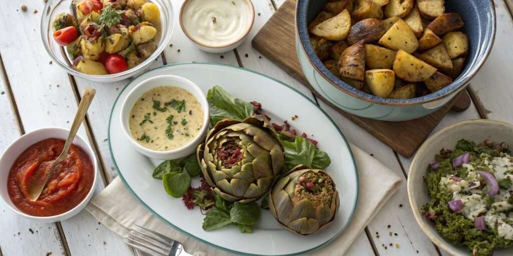 Stuffed artichokes plated with a variety of sides on a rustic table.