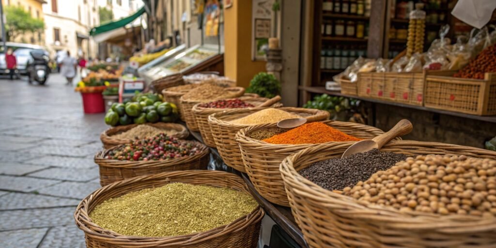 Dried Ceci beans displayed in a rustic Italian market, surrounded by vibrant Mediterranean spices