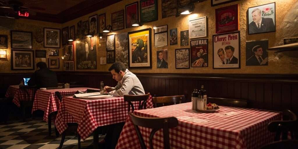 Vintage Italian restaurant with cozy lighting and Sinatra-themed decor.
