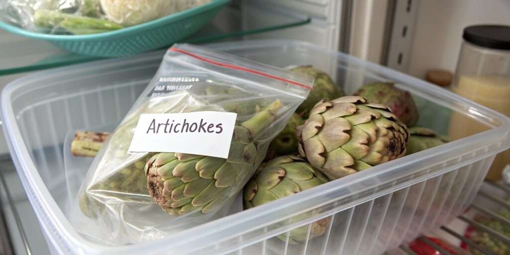 Storing cleaned artichokes in a freezer bag.
