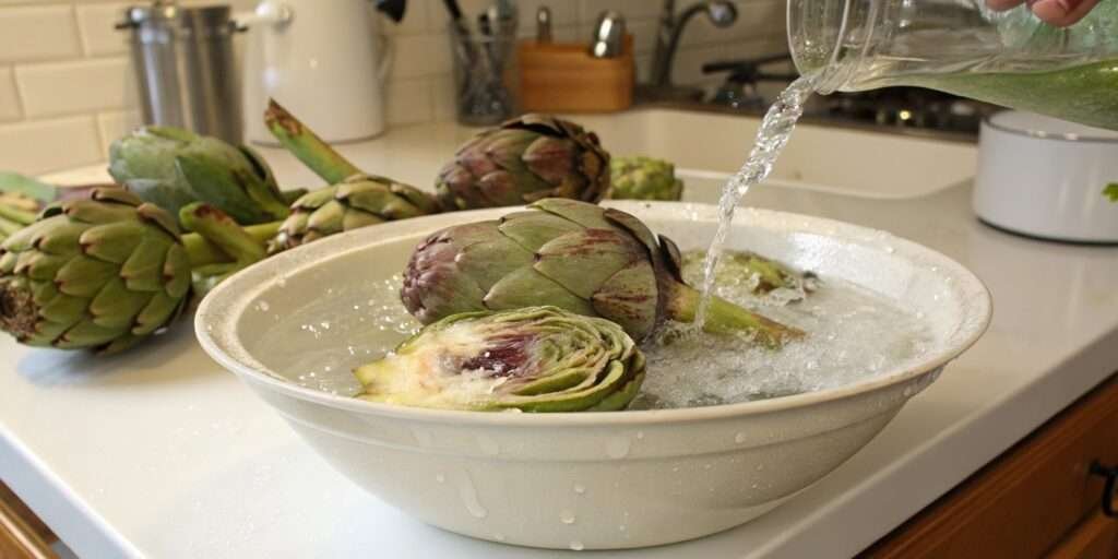 Thawing frozen artichokes before baking.
