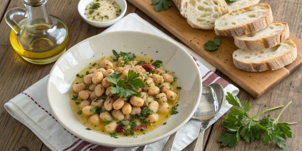 Ceci beans recipe with fresh parsley and bread.
