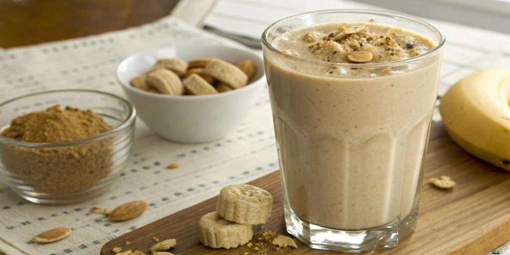 A high-calorie protein shake made with peanut butter, oats, and banana, with a nutritional breakdown