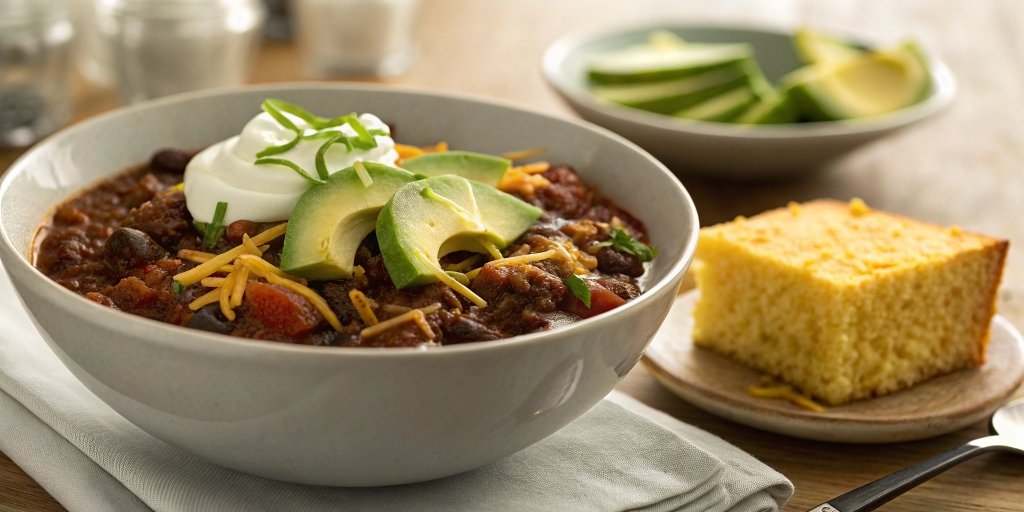 A bowl of venison chili served with cornbread, topped with avocado, cheese, and sour cream.
