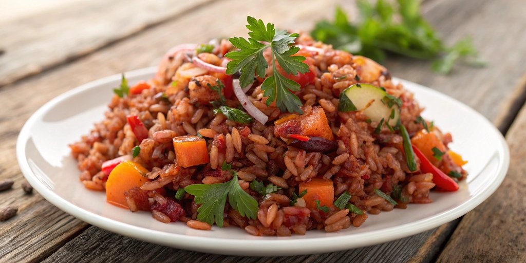  A colorful plate of red rice pilaf with vegetables, served on a white ceramic dish