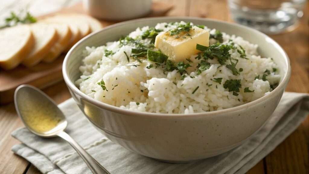 What can I mix with rice to make it taste better? A bowl of fluffy rice topped with butter, cheese, and fresh herbs for enhanced flavor