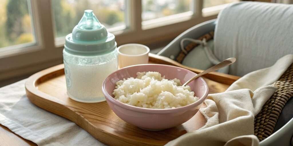 Soft-cooked rice in a baby dish, ideal for toddler meals.
