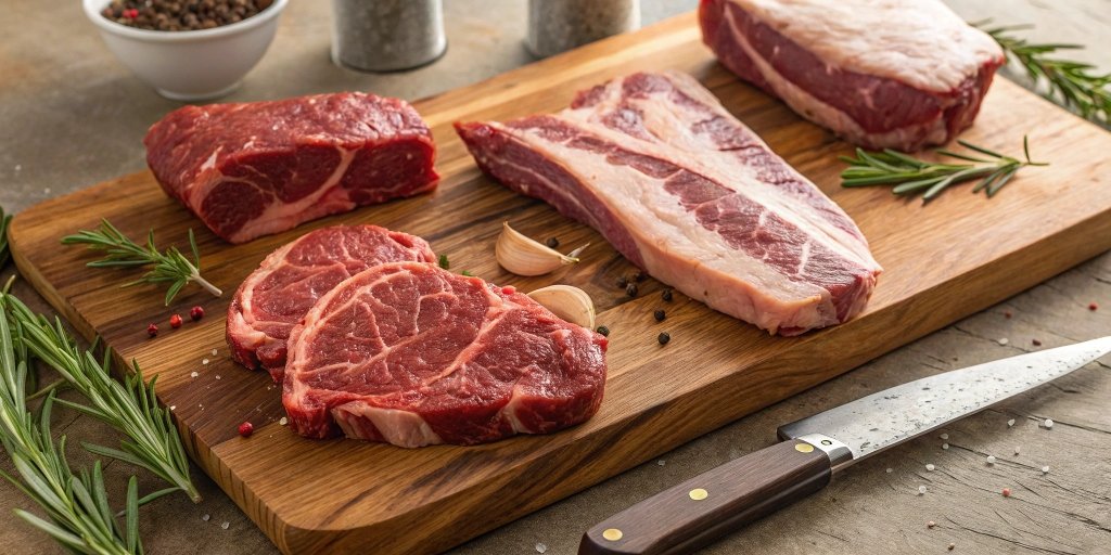 Different beef cuts for chili, including chuck roast, brisket, and short ribs, displayed on a wooden cutting board.
