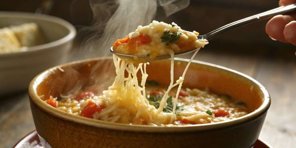 Close-up of cheesy rice with gooey melted cheese strands