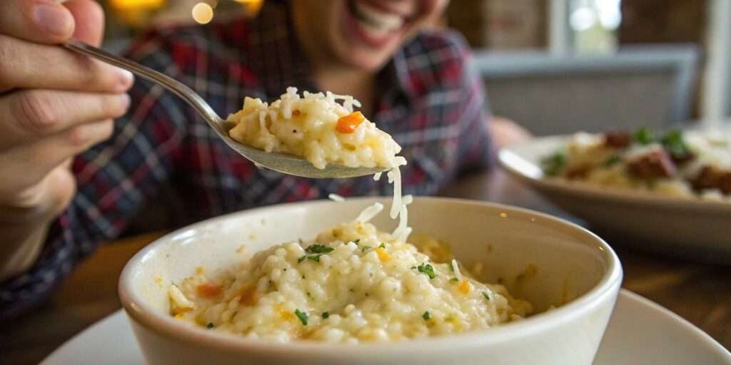 A spoonful of cheesy rice lifted from a bowl, showing gooey texture