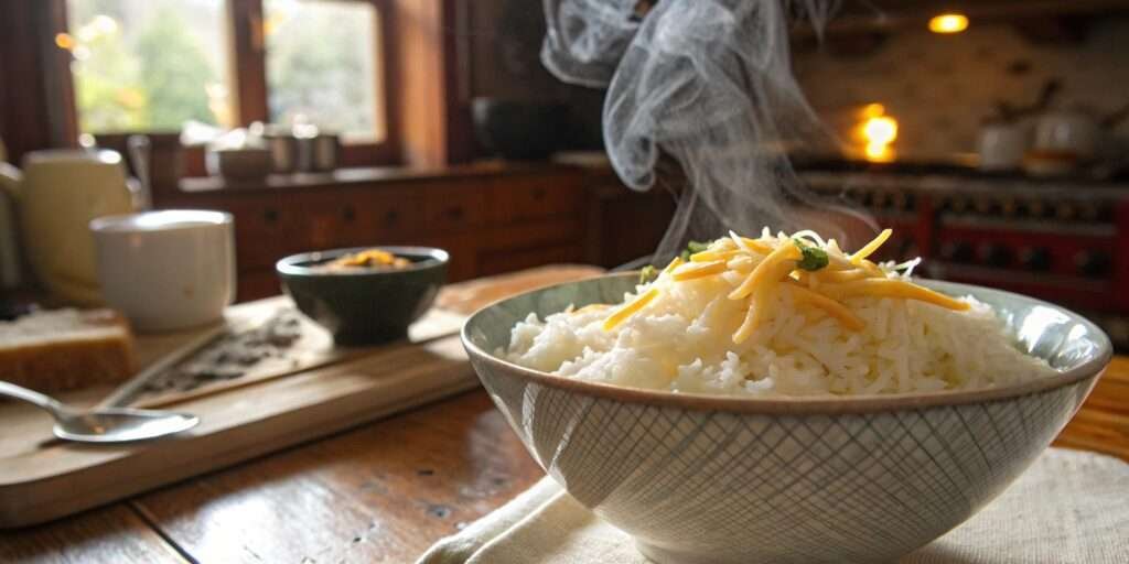 A bowl of white rice topped with melted shredded cheese, steam rising for a warm effect.
