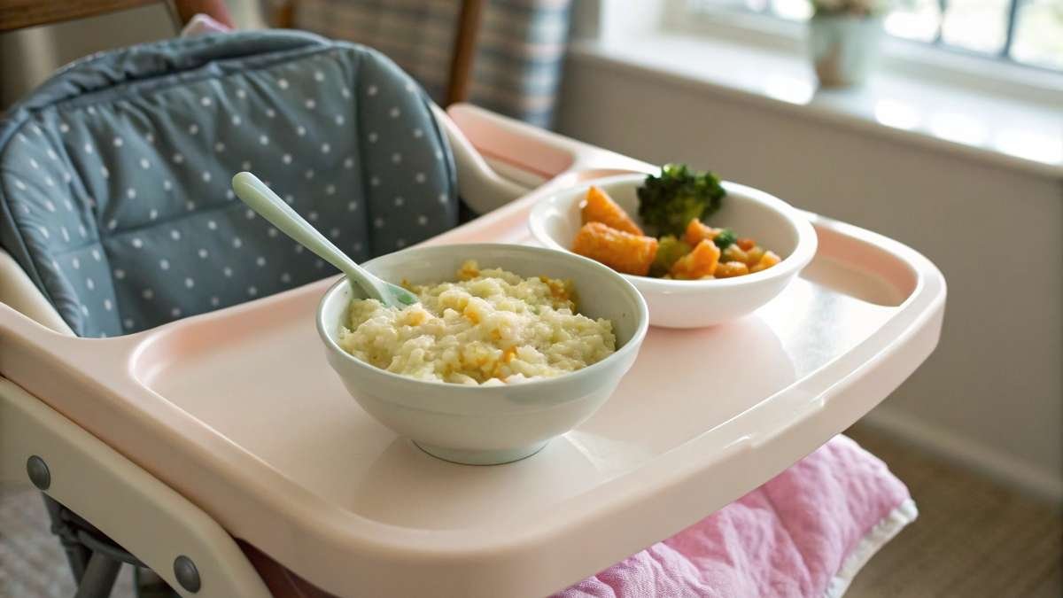 Soft-cooked rice for toddlers served with mashed vegetables on a baby-safe plate, ideal for easy digestion