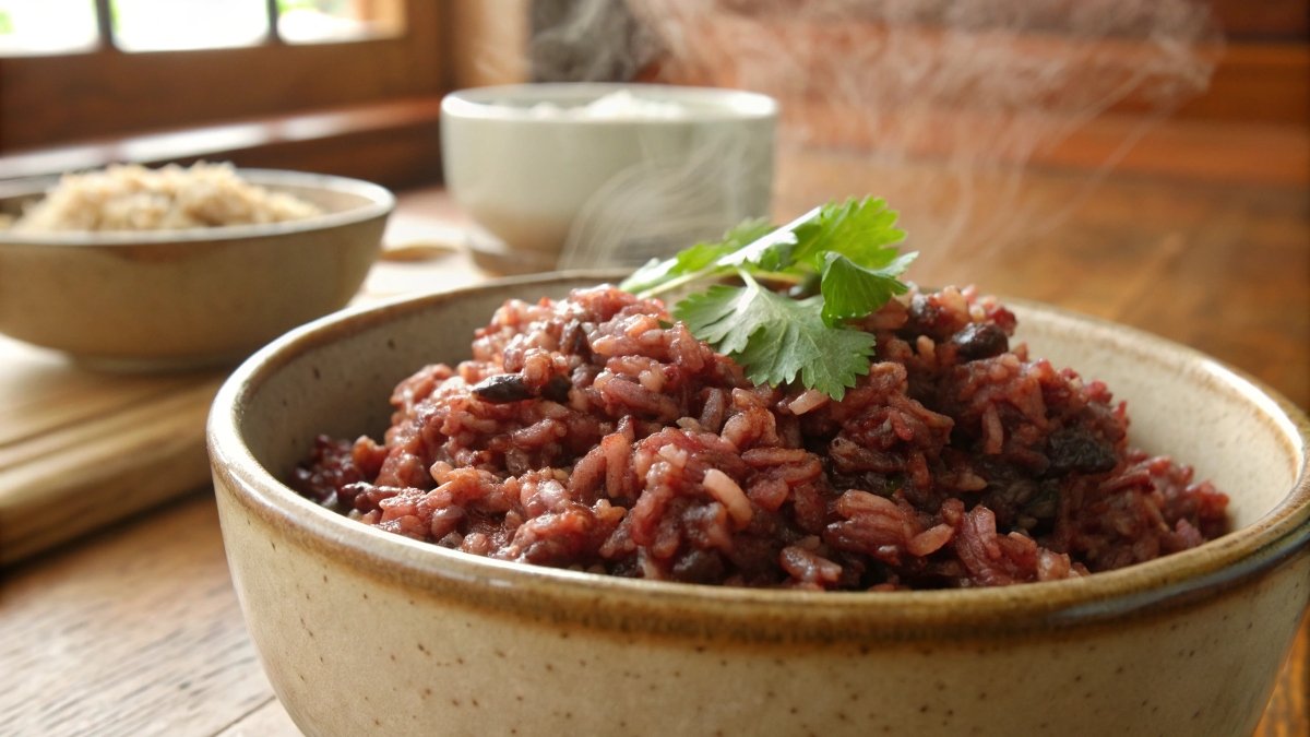 A bowl of perfectly cooked red rice with a fluffy texture, served in a rustic dish on a wooden counter